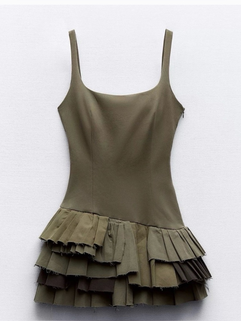 Zara viral Olive Green Tiered Ruffle Mini Dress